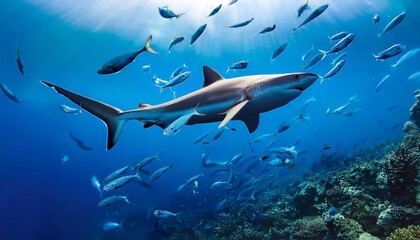 Fototapeta premium Shark swims along a reef in clear blue water