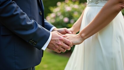 Bride and groom holding hands in a romantic outdoor setting during their wedding ceremony
