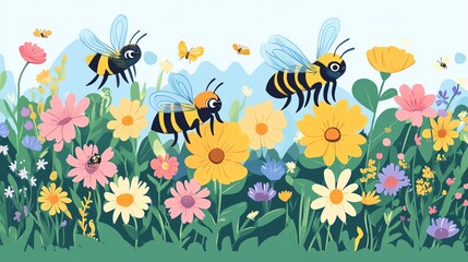 Obraz premium Colorful flowers blooming with buzzing bees in a vibrant garden setting under a blue sky.