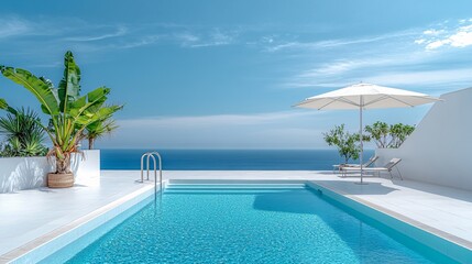 Fototapeta premium Relaxing at a Private Pool by the Beach in a Luxurious Hotel or Vacation Home, Perfect for a Calm and Rejuvenating Getaway