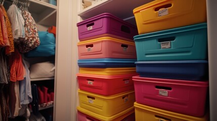 Colorful Bins in a Neatly Organized Closet