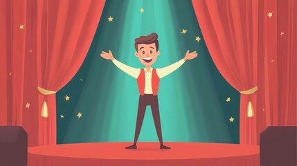 Cheerful performer on stage, welcoming audience with open arms and bright spotlight.