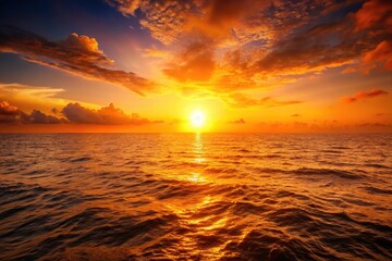 Obraz premium Warm orange hues of sunset over a vast expanse of ocean, clouds, natural