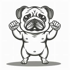 Cute cartoon pug bodybuilder black line art, strong muscular arms raised, playful dog character design,children&rsquo;s stickers,apparel, greeting cards,pet branding,gym,workout,fitness,abs,logo,shelter,