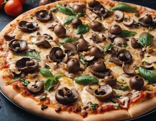 Social media post food beverage pizza with mushrooms and vegetables