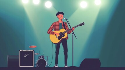 A young male musician performing live on stage with a guitar under bright lights.