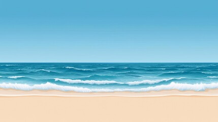 A serene beach scene featuring soft golden sands and gentle blue ocean waves under a clear sky. Perfect for relaxation and travel themes.