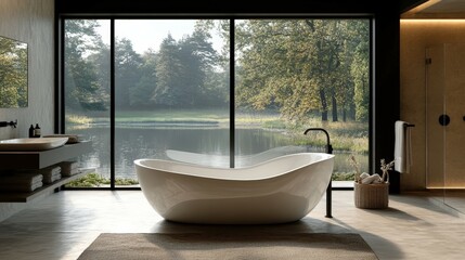 Fototapeta premium Elegant Bathroom with Freestanding Bath and Scenic View