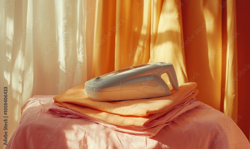 Fototapete a handheld vacuum cleaner sits on a stack of pink and orange bedding in front of a window with sheer