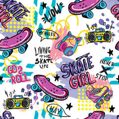 skateboard seamless pattern. Seamless bright abstract pattern with skateboard. Prints for T-shirts, textiles, clothes, sports, and more © SokolArtStudio