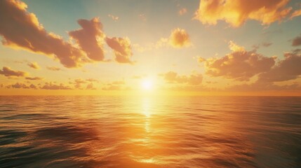 Fototapeta premium The sun is setting over the ocean, casting a warm glow on the water