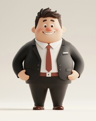 A cartoon 3d of a handsome businessman in a suit and tie, smiling confidently while looking up