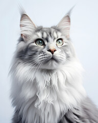 Fototapeta premium Close-up Maine Coon cat headshot, mesmerizing eye,lifelike fur,pet portrait,dark grey feline,focus expression, photography,interior wall art decor,grey,white,black,soft,shelter,adoption,catery,soul