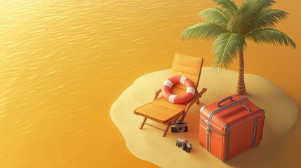 Obraz premium Isometric, summer travel with orange suitcase, beach chair, palm tree, camera, lifebuoy isolated on solid background. copy space. 3d render illustration.