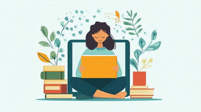 A serene illustration of a woman working on a laptop surrounded by books and plants, conveying relaxation and focus.