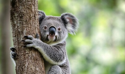 Naklejka premium A koala bear sitting in a tree, looking at the camera with a cute expression.