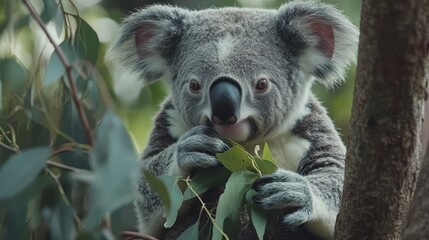 Fototapeta premium Koala bear captured in a serene moment on a tree branch, enjoying fresh leaves in stunning 4K resolution, showcasing nature's beauty and Australia's unique wildlife