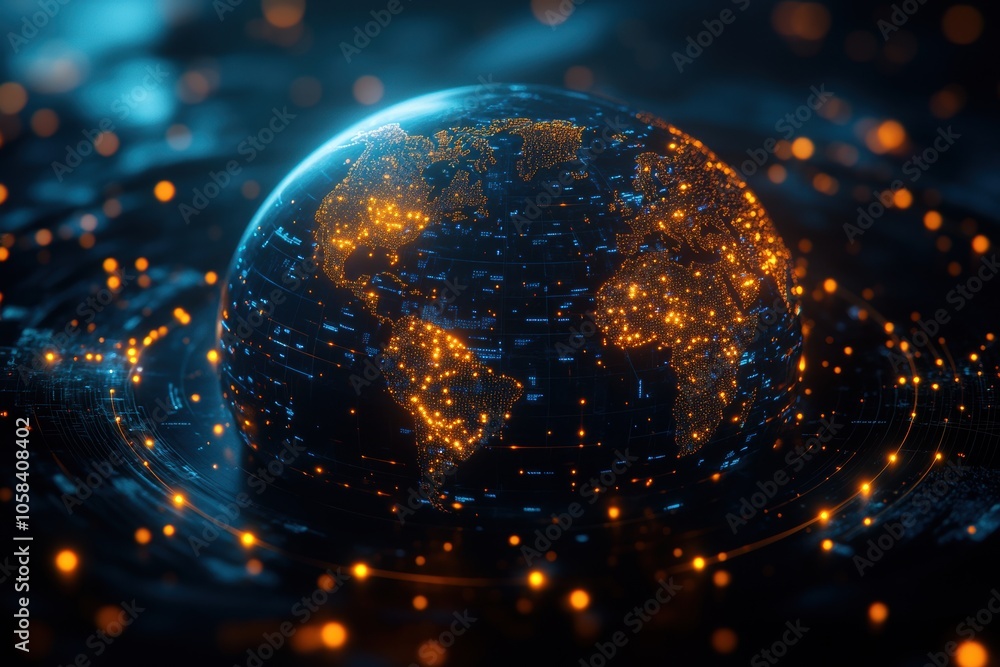 Poster a futuristic globe is illuminated with connected data points, representing a digital network