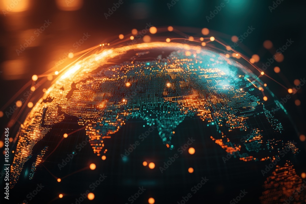 Poster a futuristic globe is illuminated with connected data points, representing a digital network