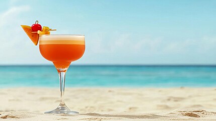 Obraz premium A vibrant cocktail in a glass with fruit garnishes set against a tranquil beach and ocean backdrop, perfect for summer vibes.