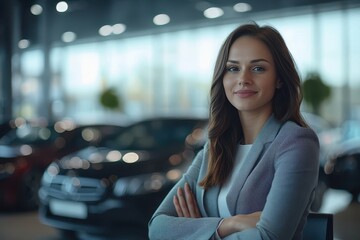 Observe a confident female executive finalizing an agreement in a luxury auto dealership salon showcasing her professionalism amid a selection of expensive cars in an upscale environment