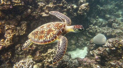 Fototapeta premium Sea Turtle Swimming Through Coral Reef