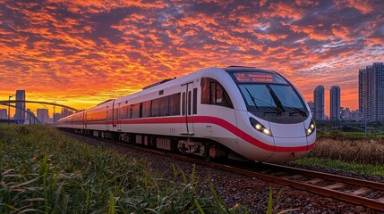 Fototapeta premium High speed train on railway tracks against sunset sky