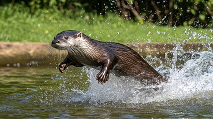 Obraz premium Otter jumping out of water, with splashing water droplets