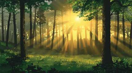 Obraz premium A forest clearing with sunbeams. silhouette illustration