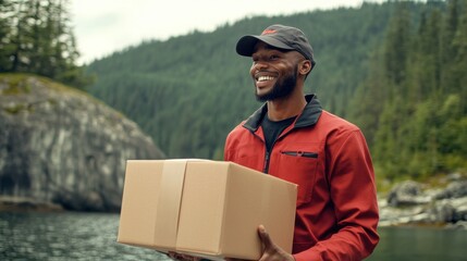 Delivery service professional showcasing exceptional logistics performance with confident package transport amid serene natural landscape highlighting efficiency and innovative shipping solutions