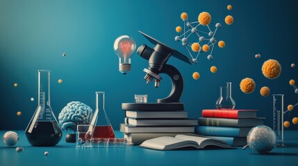 Microscope, atom, virus, test tube, books, brain, light bulb, graduation cap 3d render vector set.