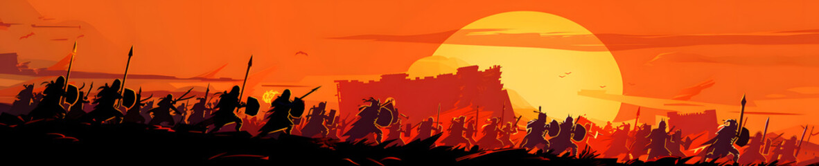 Naklejka premium A panoramic view of an ancient battlefield at sunset, with warriors clashing in the foreground and medieval castles silhouetted against the orange sky, Generative AI