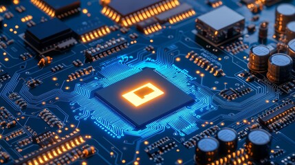 Circuit board with a central lock glowing brightly, intricate details in blue tones, vibrant and professional lighting, symbolizing advanced cybersecurity systems