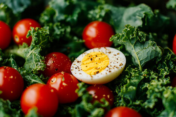 A close-up of a fresh garden salad with kale, cherry tomatoes, and a boiled egg