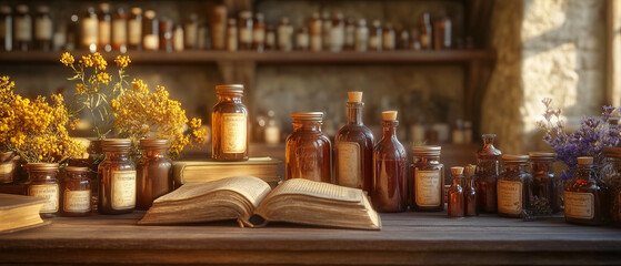 Ancient Potion Bottles and Book on a Wooden Table.