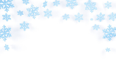 3d snowfall frame with falling snowflakes render. Snow flakes flying in air on white background. Winter banner with border of blue ice crystals. Christmas and New Year nature pattern. 3D illustration