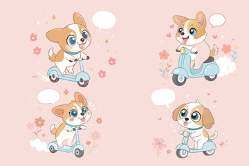Adorable Puppy Riding a Scooter ? Cute Cartoon Illustration.eps