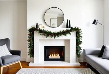 Cozy modern living room with fireplace and festive garland decoration