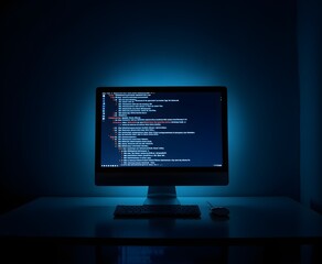 A computer screen displaying code in a dark room, symbolizing programming and cybersecurity.