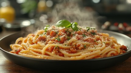 Fototapeta premium Gourmet Pasta Dish on a Freshly Prepared Plate