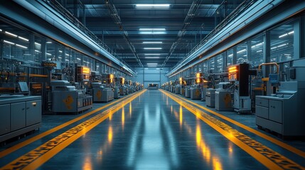 Fototapeta premium Industrial facility with machinery and illuminated workstations.