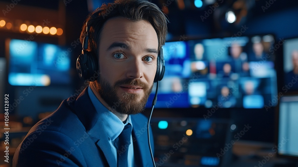 Aufkleber a man in a suit and headset looks intently at the camera, with a wall of monitors displaying various