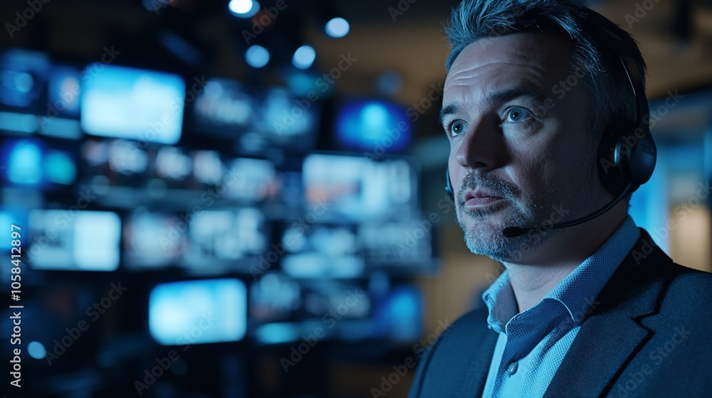 Poster a man in a suit and headset looks intently at multiple screens in a dark room.