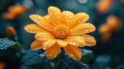 Macro shot of blooming orange flower with droplets