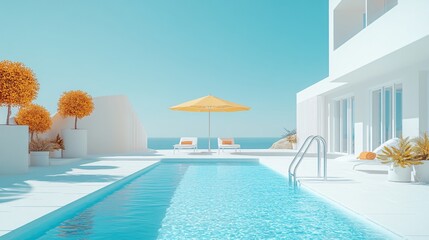 Fototapeta premium Relaxing at a Private Pool by the Beach in a Luxurious Hotel or Vacation Home, Perfect for a Calm and Rejuvenating Getaway