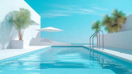 Fototapeta premium Relaxing at a Private Pool by the Beach in a Luxurious Hotel or Vacation Home, Perfect for a Calm and Rejuvenating Getaway