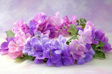 A vibrant floral wreath made of purple and pink flowers arranged in a circular shape.