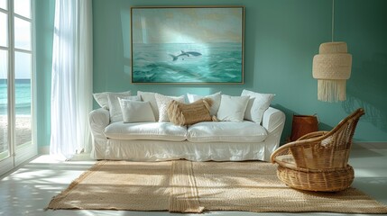 A white sofa with pillows sits in a living room with a woven chair and a rug. A painting of a dolphin jumping out of the water hangs on the wall.
