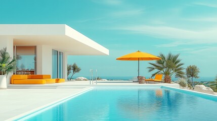 Fototapeta premium Relaxing at a Private Pool by the Beach in a Luxurious Hotel or Vacation Home, Perfect for a Calm and Rejuvenating Getaway