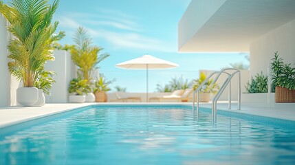 Fototapeta premium Relaxing at a Private Pool by the Beach in a Luxurious Hotel or Vacation Home, Perfect for a Calm and Rejuvenating Getaway